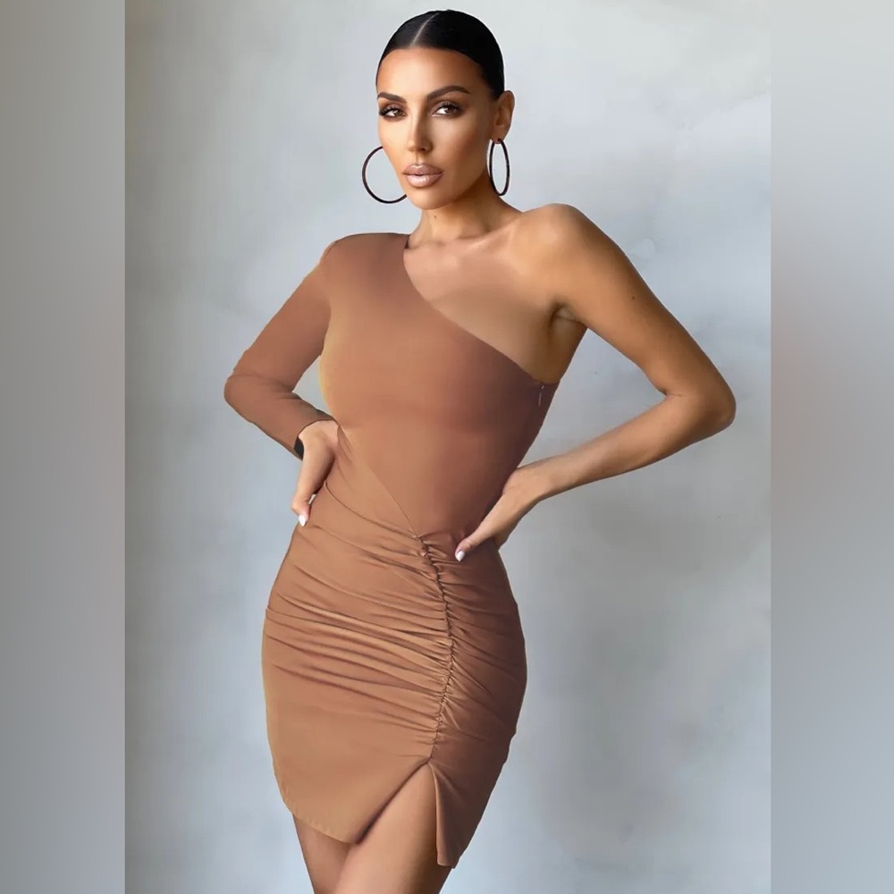 Club London Tan One Shoulder Ruched Side Mini dress